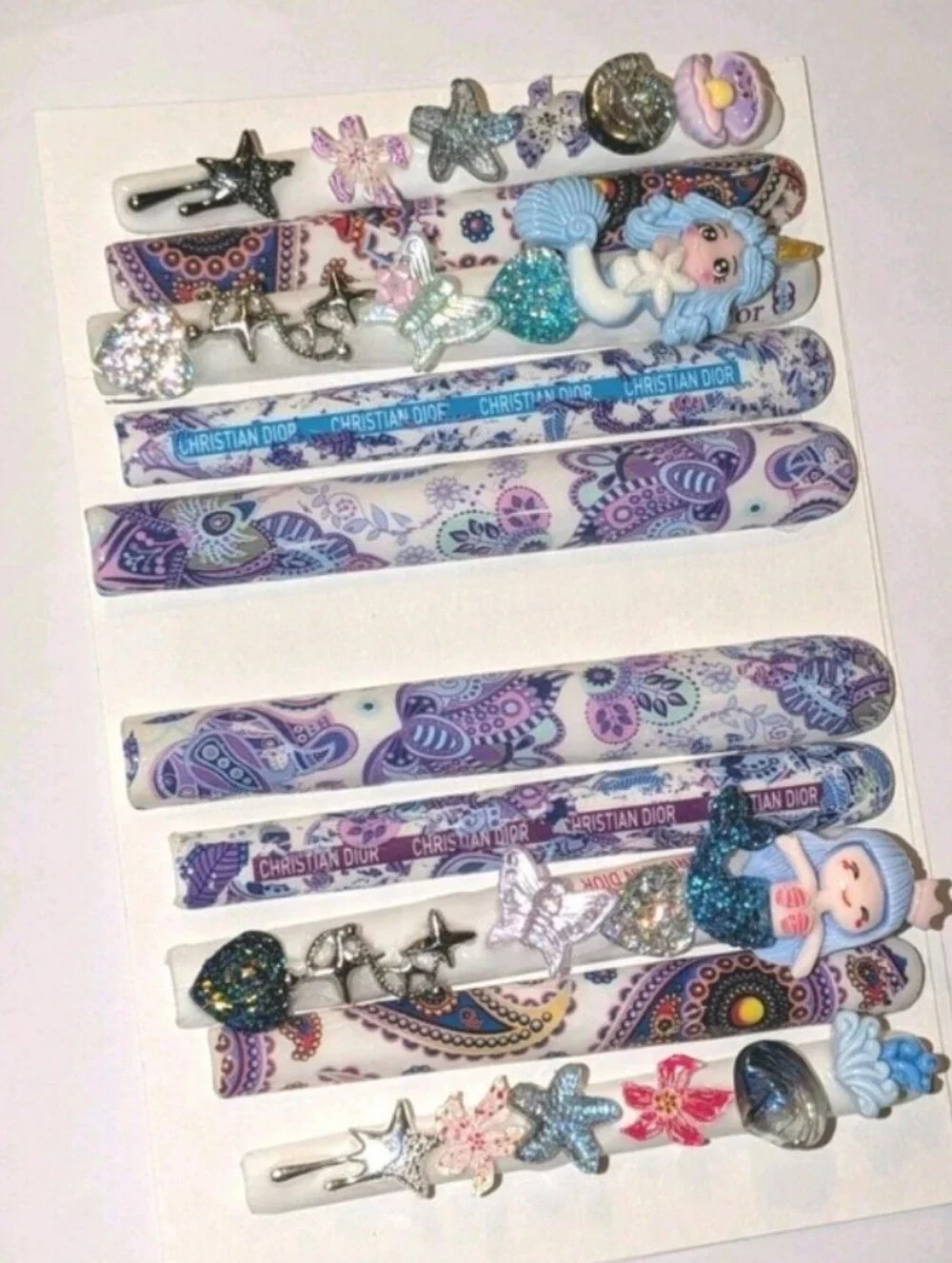 Hand CRAFTED Ladies Mermaid Press On  Nail  Set - Purple & Blue Paisley Sz Large